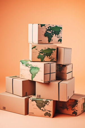 Pile of cardboard boxes with world map on orange background. Shipping and logistics conceptの素材