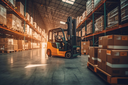 Forklift in warehouse. Forklift loader in warehouse. Warehouse interior.の素材