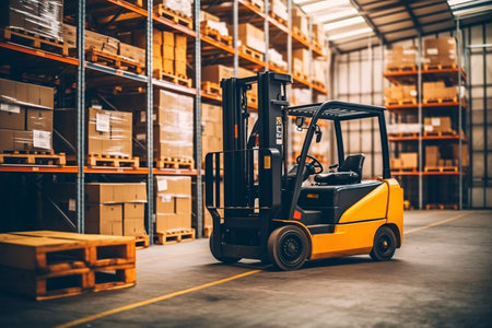 Forklift loader in warehouse. Forklift loader in warehouse. Warehouse interiorの素材