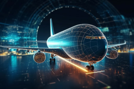 3D rendering of an airplane with a hologram of the planet earth and peopleの素材