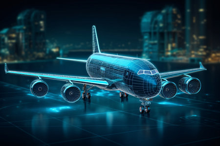 3d rendering of an airplane on the background of the night cityの素材