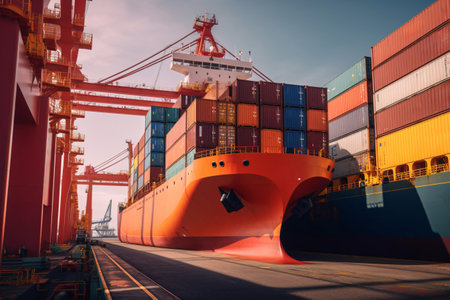 Container Cargo freight ship with working crane bridge for Logistic Import Export backgroundの素材