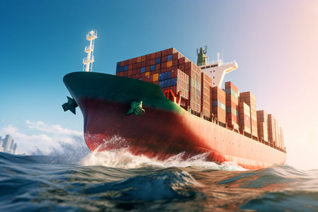 Container Cargo freight ship with working crane bridge for Logistic Import Export background.の素材