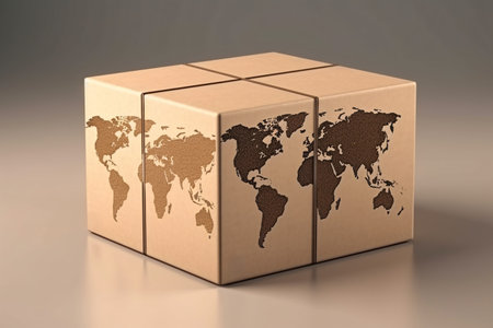 Cardboard box with world map on gray background. 3D renderingの素材