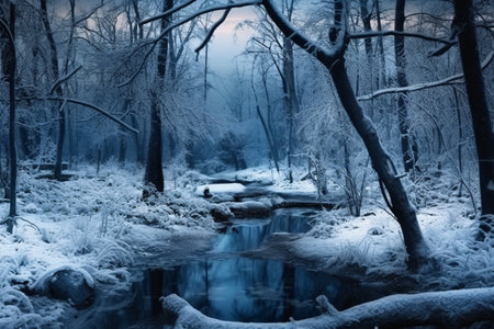 Winter forest with snow covered trees and stream. Blue toned.の素材