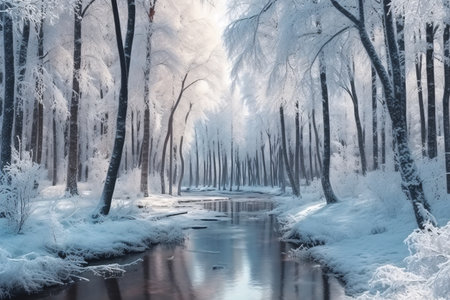 Beautiful winter landscape with snowy trees and river in the forest.の素材