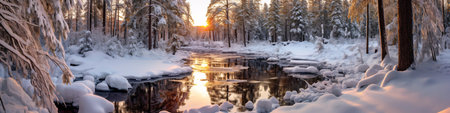Panoramic view of the frozen river in winter forest at sunsetの素材