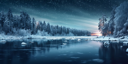 Winter landscape with frozen river and forest at night. Panorama.の素材