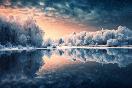 Winter landscape with frozen lake, trees and snowflakes at sunsetの素材