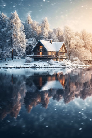 Fantastic winter landscape. Wooden house on the shore of the lake.の素材