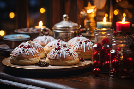 Traditional christmas buns with raisins on a wooden backgroundの素材