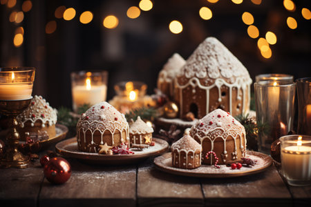 Christmas gingerbread houses on wooden table with burning candles and bokehの素材