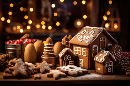 Gingerbread houses on a wooden table. Selective focus.の素材
