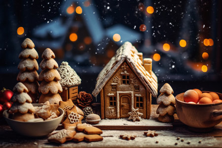 Christmas gingerbread cookies in the form of a house on a wooden backgroundの素材