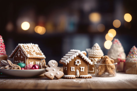 Christmas gingerbread houses on a wooden table in front of a blurred backgroundの素材