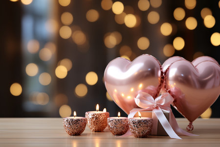 Burning candles with heart shaped balloons on wooden table against blurred festive lightsの素材