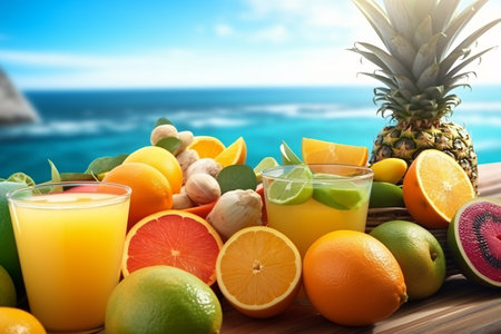 Composition with glasses of juice and fresh fruits on beach, closeupの素材