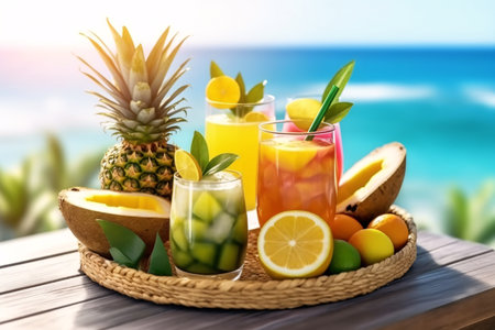 Refreshing summer drink with tropical fruits on the beach, closeupの素材