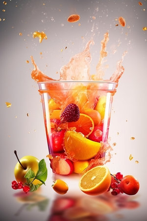 Fruit juice splashing out of a glass with fruits and berriesの素材