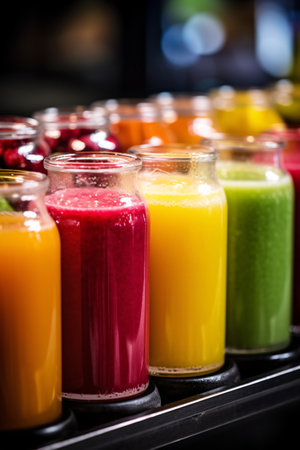Assortment of colorful smoothies in glass bottles on black background.の素材