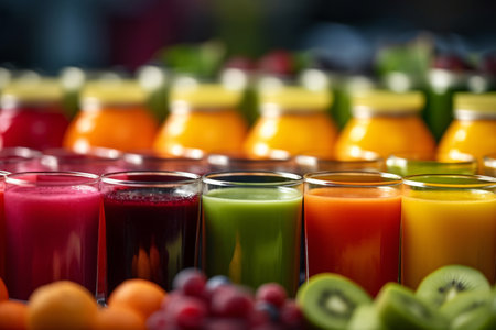 Colorful smoothies in glasses on a dark background. Selective focus.の素材