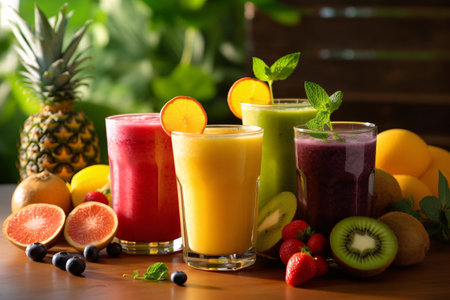 Fruit smoothies in glasses on a wooden table with fresh fruitsの素材
