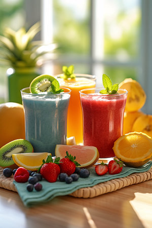 Fruit smoothies with kiwi, orange, strawberry and blueberryの素材