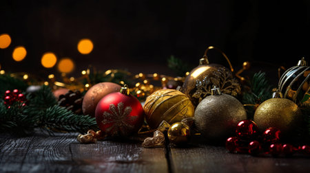 Christmas decoration on wooden background with bokeh lights and copy spaceの素材