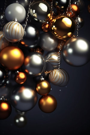 3d render of christmas baubles on a dark backgroundの素材