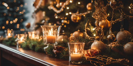 Christmas and New Year background with candles and fir branches on the wooden tableの素材