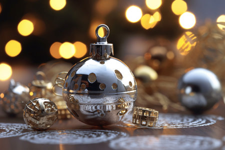 Beautiful Christmas baubles on table against blurred lights, closeupの素材