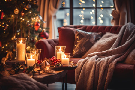 Cozy living room with Christmas tree, candles and warm blanket.の素材