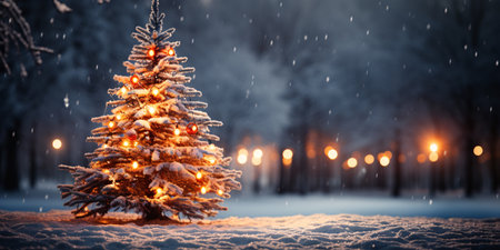 Christmas tree in the winter forest. Christmas background. New Year.の素材