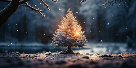 Fir tree in winter forest with snowfall. 3D renderingの素材