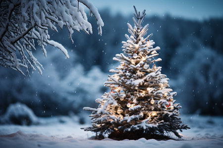 Christmas tree in winter forest. Christmas and New Year holidays background.の素材