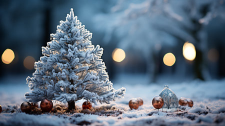 Christmas background with Christmas tree and baubles in the snow.の素材