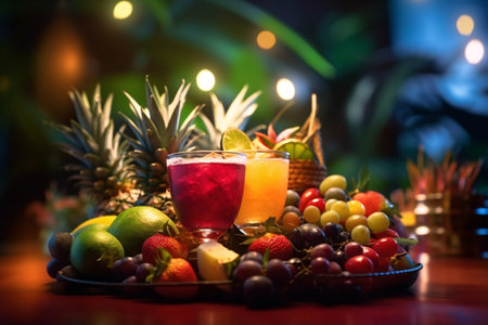 Glass of fresh fruit juice on wooden table with bokeh backgroundの素材