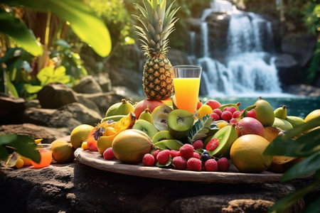 Fresh fruits and juice on wooden tray with tropical waterfall in background.の素材