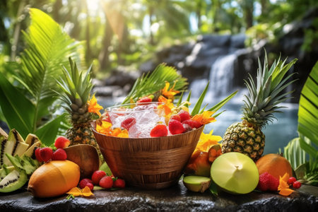 Fruit salad in wooden bowl with fresh fruits and waterfalls on backgroundの素材