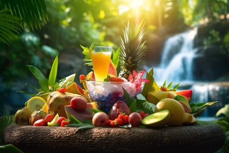 Fruit salad with fresh fruits and orange juice on wooden table.の素材