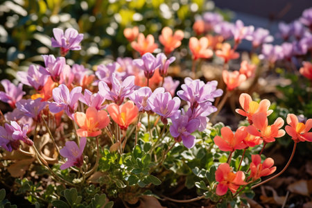 Colorful crocus flowers in the garden. Spring flowers background.の素材