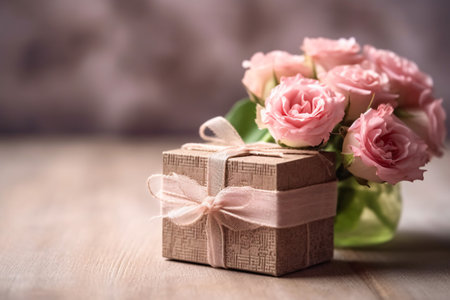 Gift box with pink roses on a wooden background, selective focusの素材