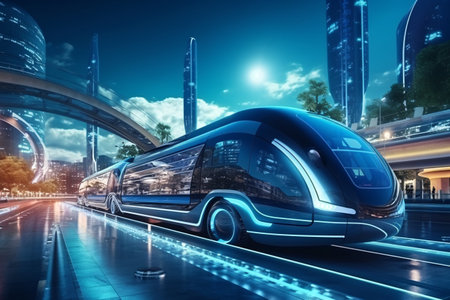 High speed train on the road in the city. 3D renderingの素材