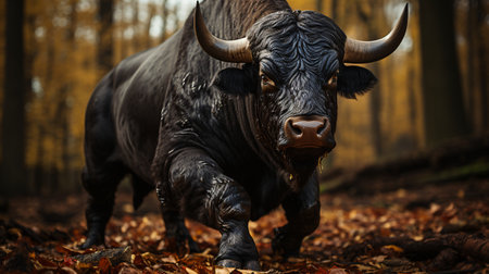 Portrait of a black bull in the autumn forest. Animal in the nature.の素材