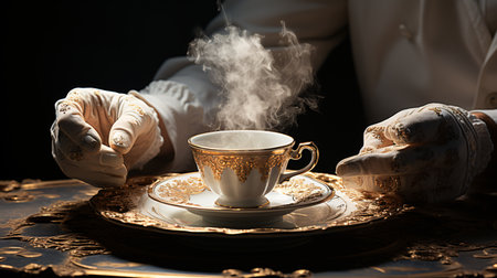 Elegant lady in white gloves holding a cup of tea.の素材