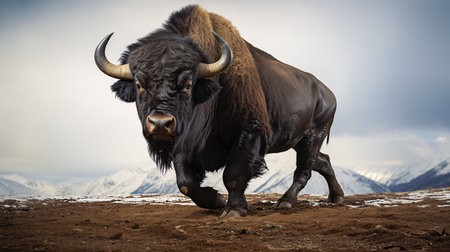 Bison in the steppe against the background of snow-capped mountainsの素材