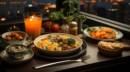 Tasty appetizing classic Italian pasta with a delicious sauce on the table.の素材