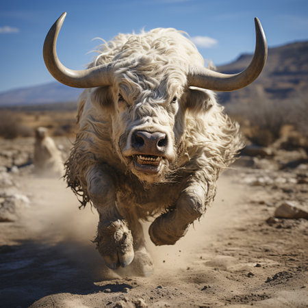 Close up of a white cow running in the desert with a blue sky in the backgroundの素材