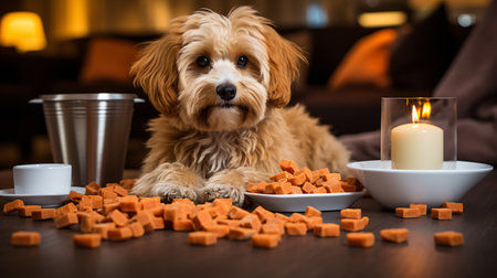 Cute dog with bowl of dog food and candle on wooden tableの素材