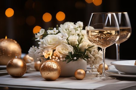 Glasses of wine and beautiful table setting with flowers on blurred backgroundの素材